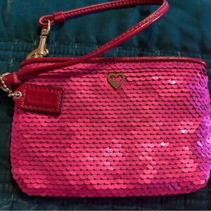 Coach Pink Sequin Wristlet with Heart Charm
